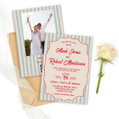 Red Script Blue Stripe Retro QR Code Photo Wedding 招待状