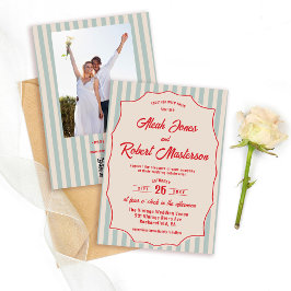 Red Script Blue Stripe Retro QR Code Photo Wedding 招待状