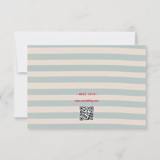 Red Script Blue Stripes QR Code Retro Wedding 出欠カード (裏面)