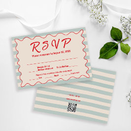 Red Script Blue Stripes QR Code Retro Wedding 出欠カード