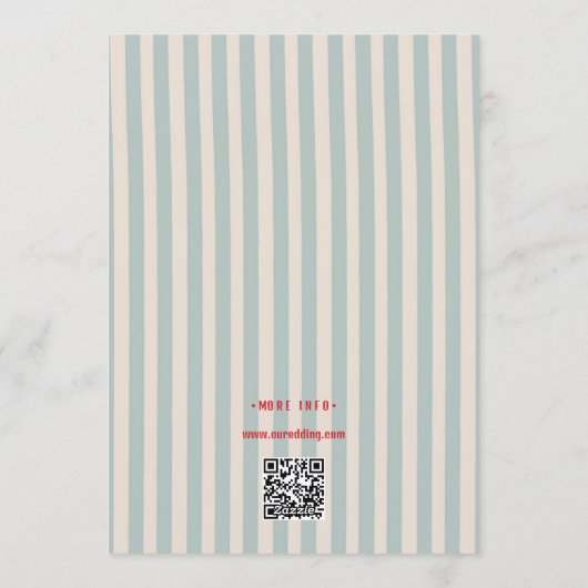 Red Script Blue Stripes QR Code Retro Wedding 招待状 (裏面)
