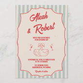 Red Script Blue Stripes QR Code Retro Wedding 招待状 (正面)