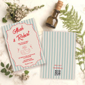 Red Script Blue Stripes QR Code Retro Wedding 招待状