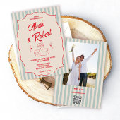 Red Script Blue Stripes Retro Photo Wedding 招待状