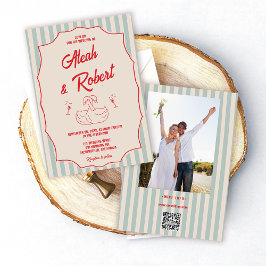 Red Script Blue Stripes Retro Photo Wedding 招待状