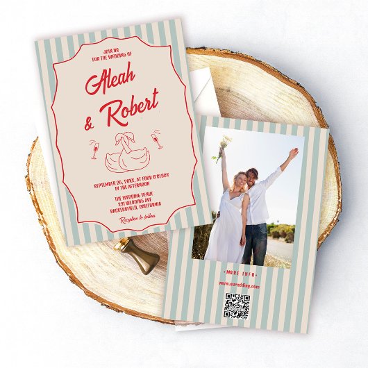 Red Script Blue Stripes Retro Photo Wedding 招待状