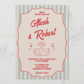 Red Script Blue Stripes Retro Photo Wedding 招待状 (正面)