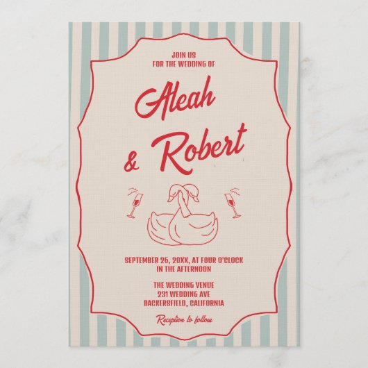 Red Script Blue Stripes Retro Photo Wedding 招待状 (正面)