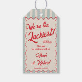 Red Script Blue Stripes Retro Wedding ギフトタグ (正面)