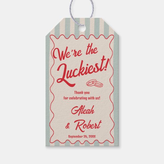 Red Script Blue Stripes Retro Wedding ギフトタグ (正面)