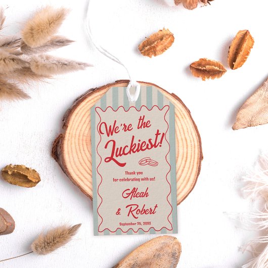 Red Script Blue Stripes Retro Wedding ギフトタグ