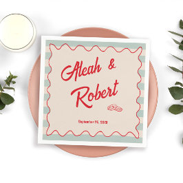 Red Script Blue Stripes Retro Wedding スタンダードカクテルナプキン