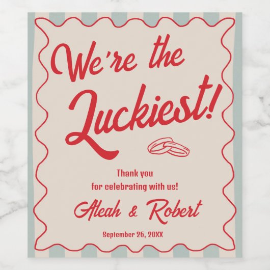 Red Script Blue Stripes Retro Wedding ワインラベル (シングルラベル)