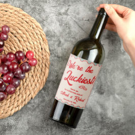 Red Script Blue Stripes Retro Wedding ワインラベル