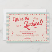 Red Script Blue Stripes Retro Wedding Photo サンキューカード (正面)