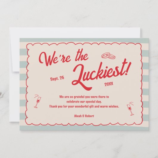 Red Script Blue Stripes Retro Wedding Photo サンキューカード (正面)