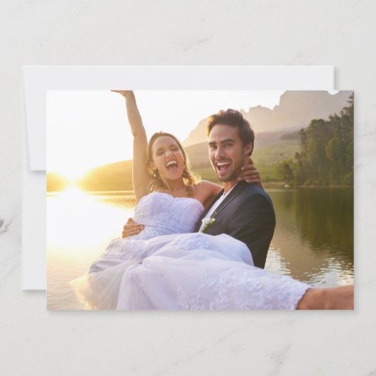 Red Script Blue Stripes Retro Wedding Photo サンキューカード (裏面)