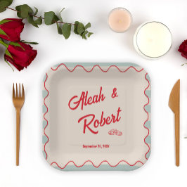 Red Script Blue Stripes Vintage Retro Wedding ペーパープレート