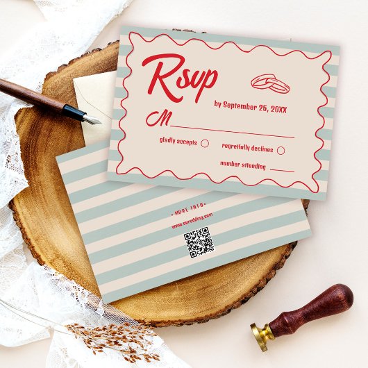 Red Script Blue Watercolor QR Code Retro Wedding 出欠カード