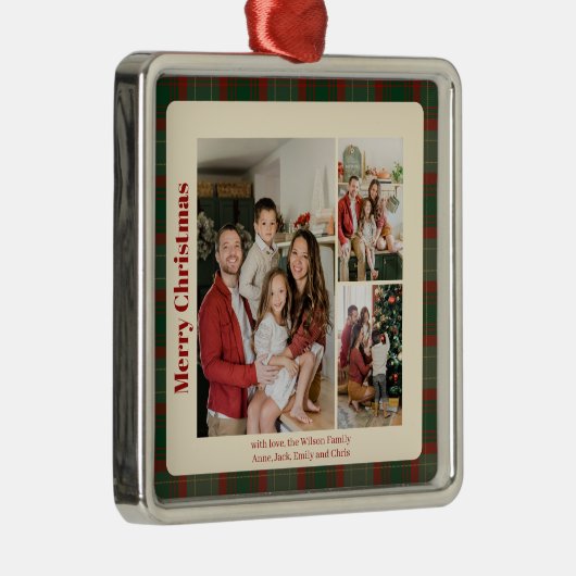 Red Script Classy Plaid 3 photos Christmas  メタルオーナメント (右)