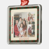 Red Script Classy Plaid 3 photos Christmas  メタルオーナメント (左)