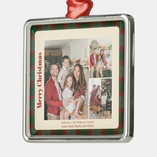 Red Script Classy Plaid 3 photos Christmas  メタルオーナメント (左)