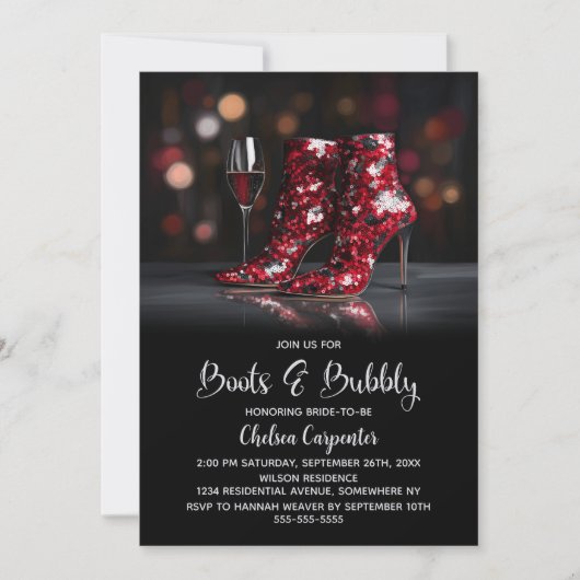 Red Sequin Boots and Bubbly Bridal Shower 招待状 (正面)