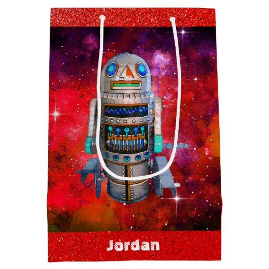 Red SFレトロ玩具ロボット銀河系名前をカスタムする クール ミディアムペーパーバッグ (裏面)