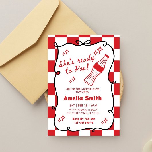 Red She's Ready to Pop cola Soda Baby shower  招待状