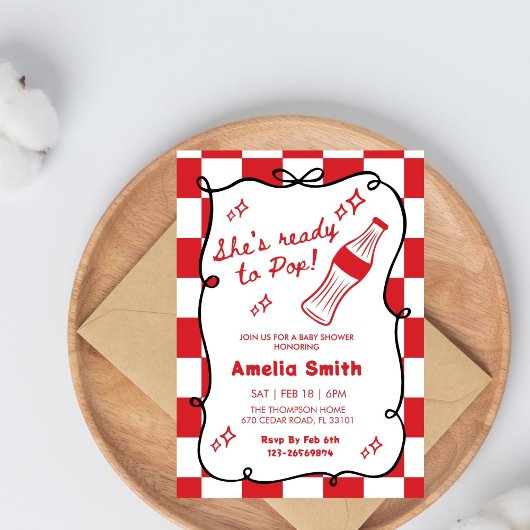 Red She's Ready to Pop cola Soda Baby shower  招待状