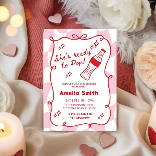 Red She's Ready to Pop cola Soda Baby shower  招待状