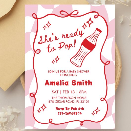 Red She's Ready to Pop cola Soda Baby shower  招待状
