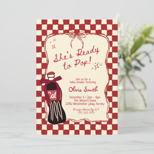 Red She's Ready to Pop Soda Baby Shower 招待状 (スタンド正面)
