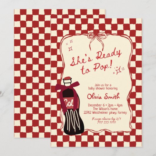 Red She's Ready to Pop Soda Baby Shower 招待状 (正面/裏面)