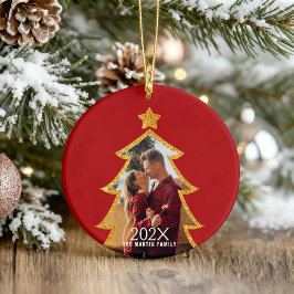 Red Shiny Christmas Tree Personalized Photo オーナメント