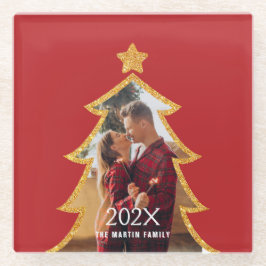 Red Shiny Christmas Tree Personalized Photo ガラスコースター