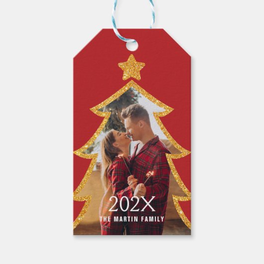 Red Shiny Christmas Tree Personalized Photo ギフトタグ (正面)
