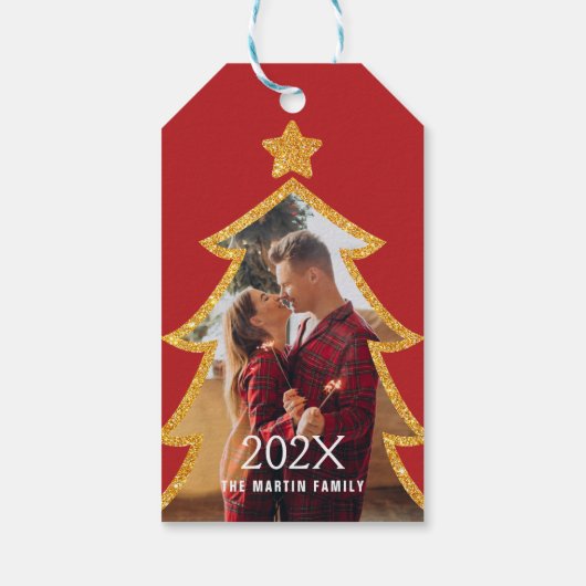 Red Shiny Christmas Tree Personalized Photo ギフトタグ (裏面)