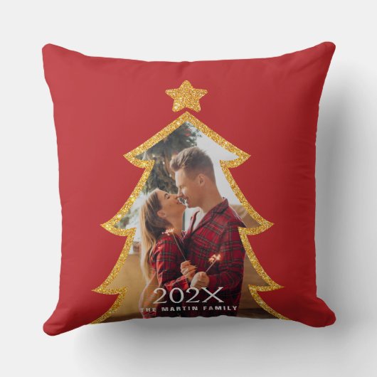 Red Shiny Christmas Tree Personalized Photo クッション (裏面)