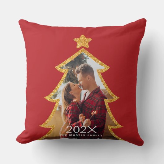 Red Shiny Christmas Tree Personalized Photo クッション (正面)