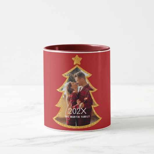 Red Shiny Christmas Tree Personalized Photo マグカップ (中央)