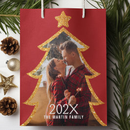 Red Shiny Christmas Tree Personalized Photo ミディアムペーパーバッグ