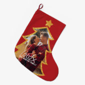 Red Shiny Christmas Tree Personalized Photo ラージクリスマスストッキング (正面 (吊り時))
