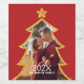 Red Shiny Christmas Tree Personalized Photo ワインラベル (シングルラベル)