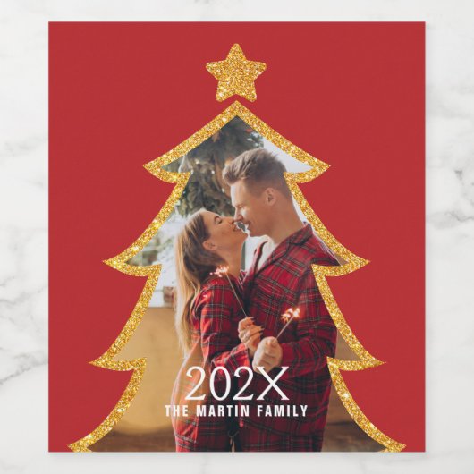 Red Shiny Christmas Tree Personalized Photo ワインラベル (シングルラベル)