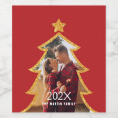 Red Shiny Christmas Tree Personalized Photo ワインラベル (シングルラベル)