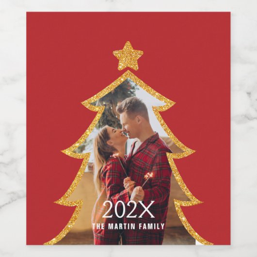Red Shiny Christmas Tree Personalized Photo ワインラベル (シングルラベル)