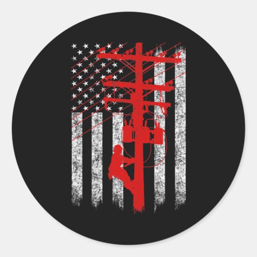 Red Silhouette American Flag Lineman Electrician  ラウンドシール (正面)
