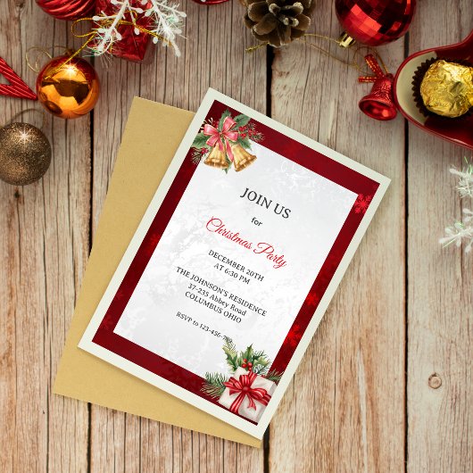 Red Silver Elegant Modern Christmas Party 招待状