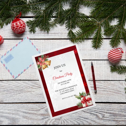 Red Silver Elegant Modern Christmas Party 招待状